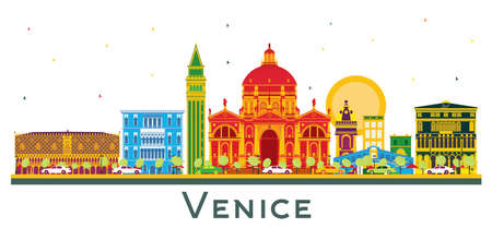 Venice Italy City Skyline with Color Buildings Isolated on White. vector illustration. Business Travel and Tourism Concept with Historic Architecture. Venice Cityscape with Landmarks.のイラスト素材