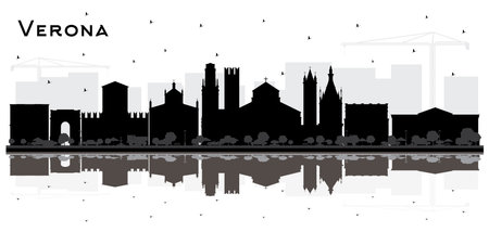 Verona Italy City Skyline Silhouette with Black Buildings and Reflections Isolated on White. vector illustration. Business Travel and Tourism Concept with Historic Architecture.のイラスト素材