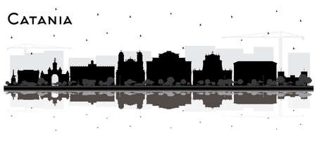 Catania Italy City Skyline Silhouette with Black Buildings and Reflections Isolated on White. vector illustration. Tourism Concept with Historic Architecture. Catania Sicily Cityscape with Landmarks.のイラスト素材
