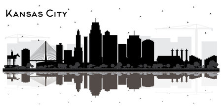 Kansas City Missouri Skyline Silhouette with Black Buildings and Reflections Isolated on White. vector illustration. Tourism Concept with Modern Architecture. Kansas City Cityscape with Landmarks.のイラスト素材