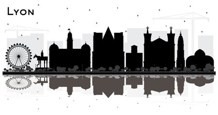 Lyon France City Skyline Silhouette with Black Buildings and Reflections Isolated on White. vector illustration. Business Travel and Concept with Historic Architecture. Lyon Cityscape with Landmarks.のイラスト素材