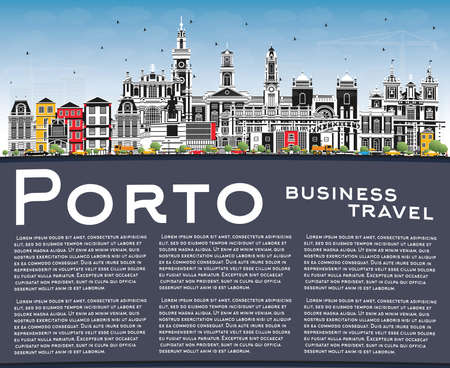 Porto Portugal City Skyline with Color Buildings, Blue Sky and Copy Space. vector illustration. Porto Cityscape with Landmarks. Business Travel and Tourism Concept with Historic Architecture.のイラスト素材