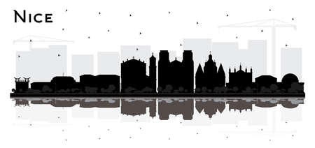 Nice France City Skyline Silhouette with Black Buildings and Reflections Isolated on White. vector illustration. Travel and Tourism Concept with Historic Architecture. Nice Cityscape with Landmarks.のイラスト素材