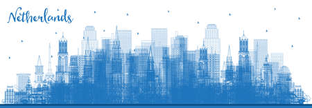 Outline Netherlands Skyline with Blue Buildings. vector illustration. Tourism Concept with Historic Architecture. Cityscape with Landmarks. Amsterdam. Rotterdam. The Hague. Utrecht.のイラスト素材