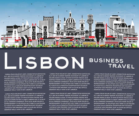Lisbon Portugal City Skyline with Color Buildings, Blue Sky and Copy Space. vector illustration. Lisbon Cityscape with Landmarks. Business Travel and Tourism Concept with Historic Architecture.のイラスト素材