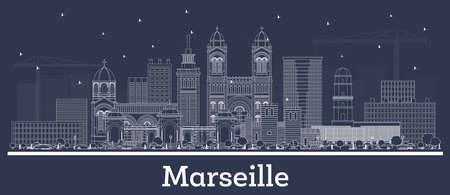 Outline Marseille France City Skyline with White Buildings. vector illustration. Business Travel and Tourism Concept with Historic Architecture. Marseille Cityscape with Landmarks.のイラスト素材