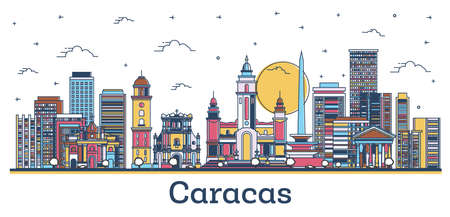 Outline Caracas Venezuela City Skyline with Colored Historic Buildings Isolated on White. vector illustration. Caracas Cityscape with Landmarks.のイラスト素材