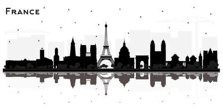 France Skyline Silhouette with Black Buildings and Reflections Isolated on White. vector illustration. historical architecture. France Cityscape with Landmarks. Toulouse. Paris. Lyon. Marseille.のイラスト素材