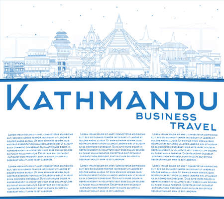 Outline Kathmandu Nepal City Skyline with Blue Buildings and Copy Space. vector illustration. Kathmandu Cityscape with Landmarks. Business Travel and Tourism Concept with Historic Architecture.のイラスト素材