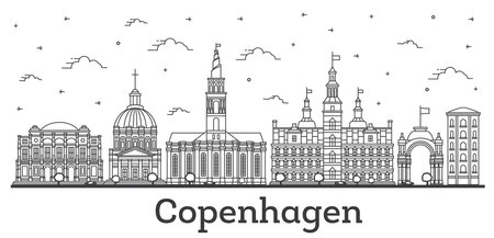 Outline Copenhagen Denmark City Skyline with Historic Buildings Isolated on White. vector illustration. Copenhagen Cityscape with Landmarks.のイラスト素材