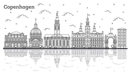Outline Copenhagen Denmark City Skyline with Historic Buildings and Reflections Isolated on White. vector illustration. Copenhagen Cityscape with Landmarks.のイラスト素材
