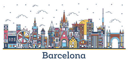 Outline Barcelona Spain City Skyline with Colored Historic Buildings Isolated on White. vector illustration. Barcelona Cityscape with Landmarks.のイラスト素材