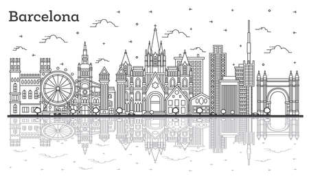 Outline Barcelona Spain City Skyline with Historic Buildings and Reflections Isolated on White. vector illustration. Barcelona Cityscape with Landmarks.のイラスト素材