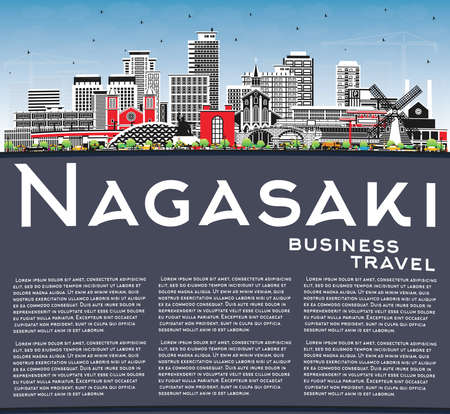 Nagasaki Japan City Skyline with Color Buildings, Blue Sky and Copy Space. vector illustration. Nagasaki Cityscape with Landmarks. Business Travel and Tourism Concept with Historic Architecture.のイラスト素材