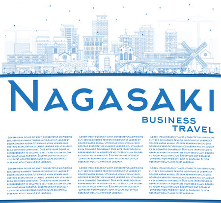 Outline Nagasaki Japan City Skyline with Blue Buildings and Copy Space. vector illustration. Nagasaki Cityscape with Landmarks. Business Travel and Tourism Concept with Historic Architecture.のイラスト素材