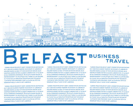 Outline Belfast Northern Ireland City Skyline with Blue Buildings and Copy Space. vector illustration. Belfast Cityscape with Landmarks. Travel and Tourism Concept with Historic Architecture.のイラスト素材