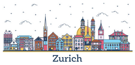 Outline Zurich Switzerland City Skyline with Colored Historic Buildings Isolated on White. vector illustration. Zurich Cityscape with Landmarks.のイラスト素材