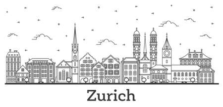 Outline Zurich Switzerland City Skyline with Historic Buildings Isolated on White. vector illustration. Zurich Cityscape with Landmarks.のイラスト素材