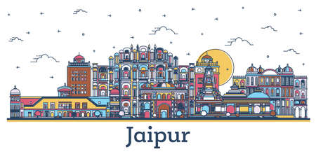 Outline Jaipur India City Skyline with Colored Historic Buildings Isolated on White. vector illustration. Jaipur Cityscape with Landmarks.のイラスト素材