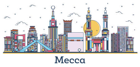 Outline Mecca Saudi Arabia City Skyline with Colored Historic Buildings Isolated on White. vector illustration. Mecca Cityscape with Landmarks.のイラスト素材