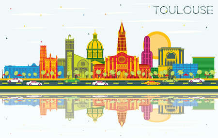 Toulouse France City Skyline with Color Buildings, Blue Sky and Reflections. vector illustration. Business Travel and Concept with Historic Architecture. Toulouse Cityscape with Landmarks.のイラスト素材