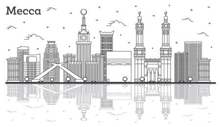 Outline Mecca Saudi Arabia City Skyline with Historic Buildings and Reflections Isolated on White. vector illustration. Mecca Cityscape with Landmarks.のイラスト素材