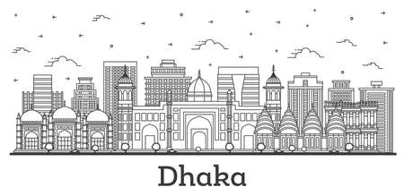 Outline Dhaka Bangladesh City Skyline with Historic Buildings Isolated on White. vector illustration. Dhaka Cityscape with Landmarks.のイラスト素材