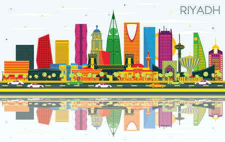 Riyadh Saudi Arabia City Skyline with Color Buildings, Blue Sky and Reflections. vector illustration. Business Travel and Concept with Modern Architecture. Riyadh Cityscape with Landmarks.のイラスト素材