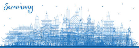Outline Semarang Indonesia City Skyline with Blue Buildings. vector illustration. Business Travel and Concept with Modern Architecture. Semarang Cityscape with Landmarks.のイラスト素材