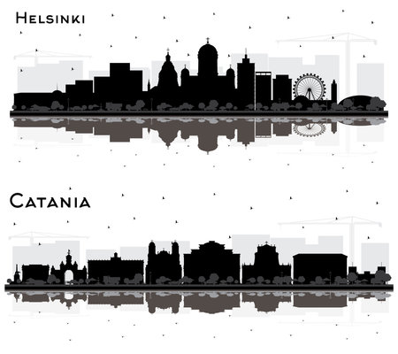 Catania Italy and Helsinki Finland City Skyline Set Silhouette with Black Buildings and Reflections Isolated on White. Travel Concept with Historic Architecture. Cityscape with Landmarks.の写真素材