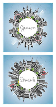 Brussels Belgium and Geneva Switzerland City Skyline Set with Color Buildings, Blue Sky and Copy Space. Cityscape with Landmarks. Travel and Tourism Concept with Historic Architecture.の写真素材