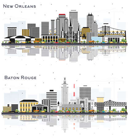Baton Rouge and New Orleans Louisiana City Skyline Set with Gray Buildings and Reflections Isolated on White. Business Travel and Tourism Concept with Modern Architecture.の写真素材