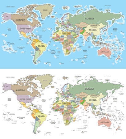 World Map Collection with Borders and Countries. Cylindrical projection.の写真素材