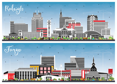 Fargo North Dakota and Raleigh North Carolina City Skyline Set with Color Buildings and Blue Sky. Cityscape with Landmarks. Business Travel and Tourism Concept with Modern Architecture.の写真素材