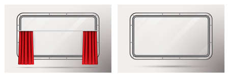 Train Window Set with Red Curtain on Beige Background. Realistic View From Inside of Train. train element. Travel Design Concept.の写真素材