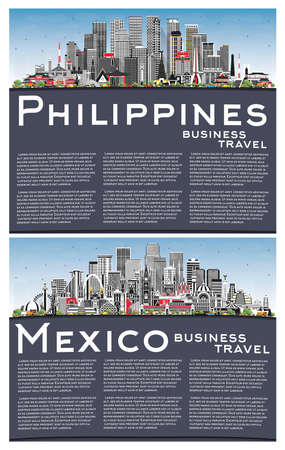 Mexico and Philippines City Skyline Set with Gray Buildings, Blue Sky and Copy Space. Travel Concept with Historic Architecture. Cityscape with Landmarks. Manila, Quezon, Davao, Cebu.の写真素材