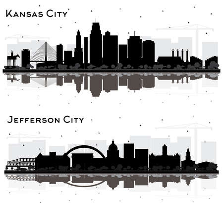 Jefferson City and Kansas City Missouri Skyline Silhouette Set with Black Buildings and Reflections Isolated on White. Cityscape with Landmarks.の写真素材