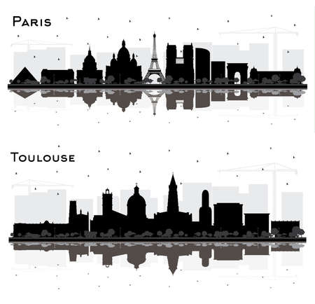 Toulouse and Paris France City Skyline Silhouette Set with Black Buildings and Reflections Isolated on White. Business Travel Concept with Historic Architecture. Cityscape with Landmarks.の写真素材