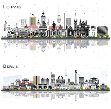 Berlin and Leipzig Germany City Skyline Set with Gray Buildings and Reflections Isolated on White. Business Travel and Tourism Concept with Historic Architecture.の写真素材