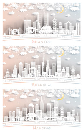 Nanjing, Shanghai and Shantou China City Skyline Set in Paper Cut Style with White Buildings, Moon and Neon Garland. Travel and Tourism Concept. Cityscape with Landmarks.の写真素材