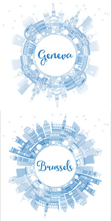 Outline Brussels Belgium and Geneva Switzerland City Skyline Set with Blue Buildings and Copy Space. Cityscape with Landmarks. Travel and Tourism Concept with Historic Architecture.の写真素材
