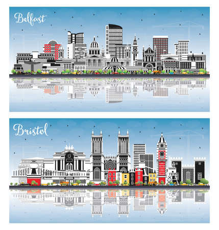 Bristol UK and Belfast Northern Ireland City Skyline Set with Color Buildings, Blue Sky and Reflections. Cityscape with Landmarks. Travel and Tourism Concept with Historic Architecture.の写真素材