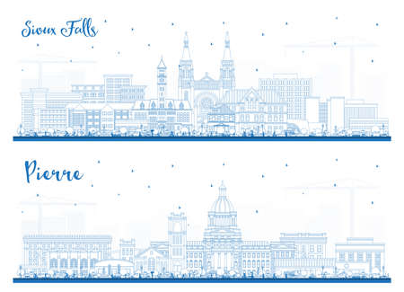 Outline Pierre and Sioux Falls South Dakota City Skyline Set with Blue Buildings. Cityscape with Landmarks. Business Travel and Tourism Concept with Modern Architecture.の写真素材