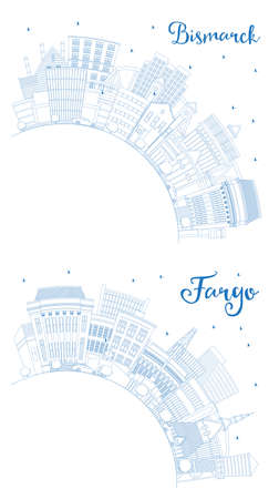 Outline Fargo and Bismarck North Dakota City Skyline Set with Blue Buildings and Copy Space. Cityscape with Landmarks. Business and Tourism Concept with Modern Architecture.の写真素材