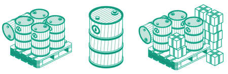 Isometric Outline Oil Barrels and Boxes On Wooden Pallet. Isolated Objects. Logistic concept.の写真素材