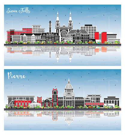 Pierre and Sioux Falls South Dakota City Skyline Set with Color Buildings, Blue Sky and Reflections. Cityscape with Landmarks. Tourism Concept with Modern Architecture.の写真素材
