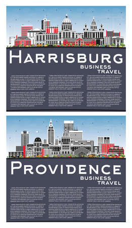 Providence Rhode Island and Harrisburg Pennsylvania City Skyline Set with Color Buildings, Blue Sky and Copy Space. Cityscape with Landmarks. Travel and Tourism Concept with Modern Architecture.の写真素材