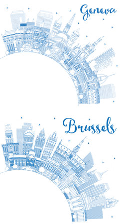 Outline Brussels Belgium and Geneva Switzerland City Skyline Set with Blue Buildings and Copy Space. Cityscape with Landmarks. Travel and Tourism Concept with Historic Architecture.の写真素材