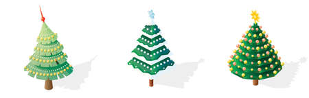 Isometric Christmas Tree Set with Stars. Illustration. 3d Icon Isolated on White. Happy New Year.のイラスト素材