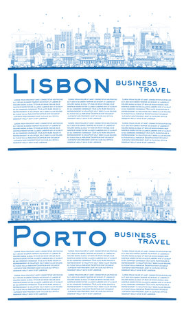 Outline Porto and Lisbon Portugal City Skyline Set with Blue Buildings and Copy Space. Cityscape with Landmarks.の写真素材